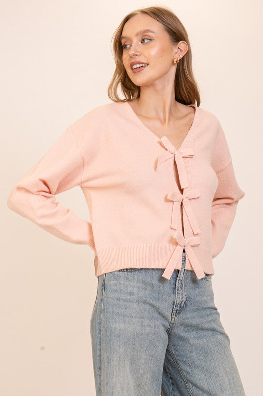 Bowtied Knit Elegance Sweater - Dusty Pink