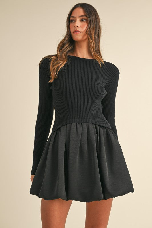 Ribbed Knit & Bubble Skirt Mini Dress