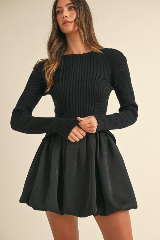 Ribbed Knit & Bubble Skirt Mini Dress