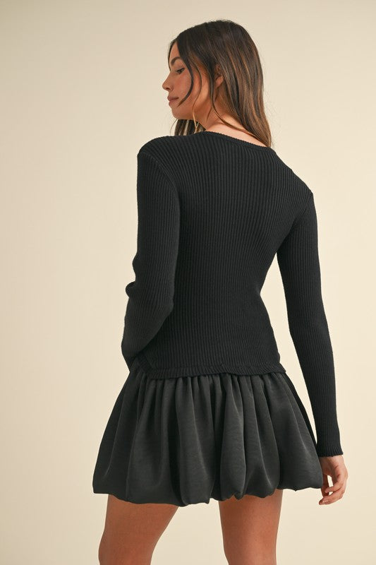 Ribbed Knit & Bubble Skirt Mini Dress