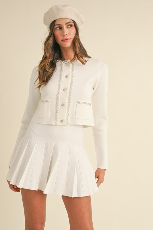 Pearl Beaded Cardigan & Pleated Skirt Set