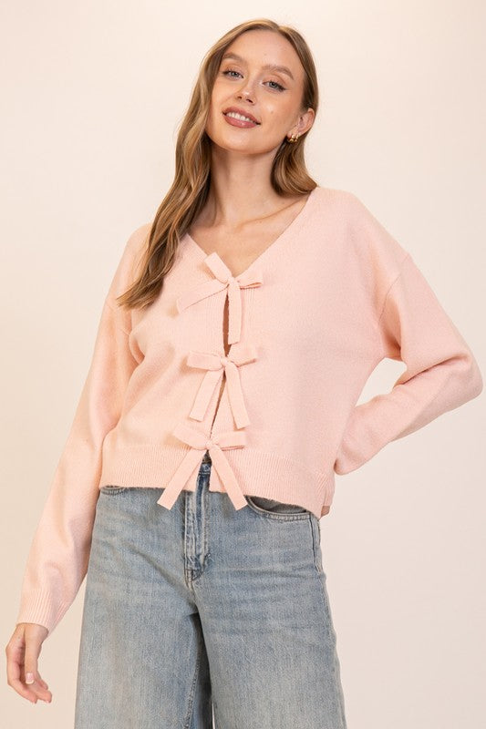 Bowtied Knit Elegance Sweater - Dusty Pink